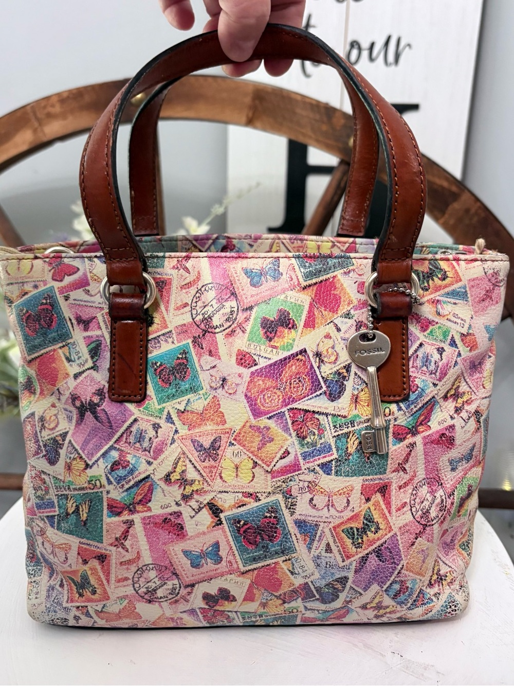 VINTAGE FOSSIL Multicolor Butterfly Stamp Print Satchel w/ Brown Leather Handles